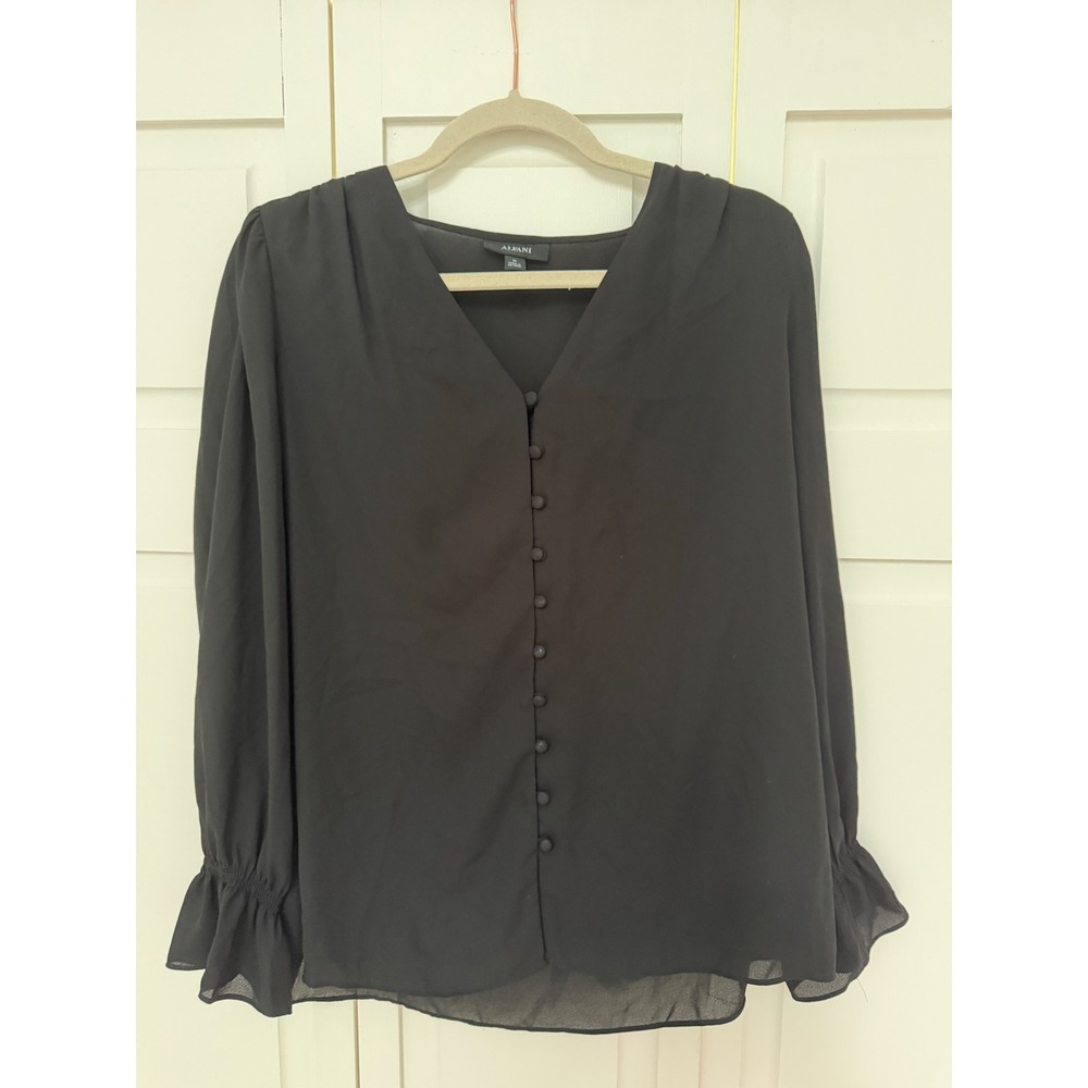 Alfani Womens Black V-Neck Long Sleeve Button Front Ruffle Cuff Blouse Size M